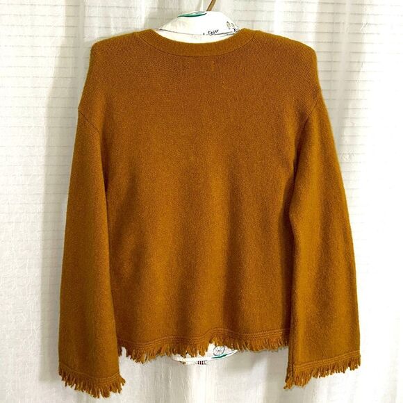 Anthropologie S Joy Mustard Soft Knit Fringe Hem V-Neck Jumper Sweater - Picture 6 of 16